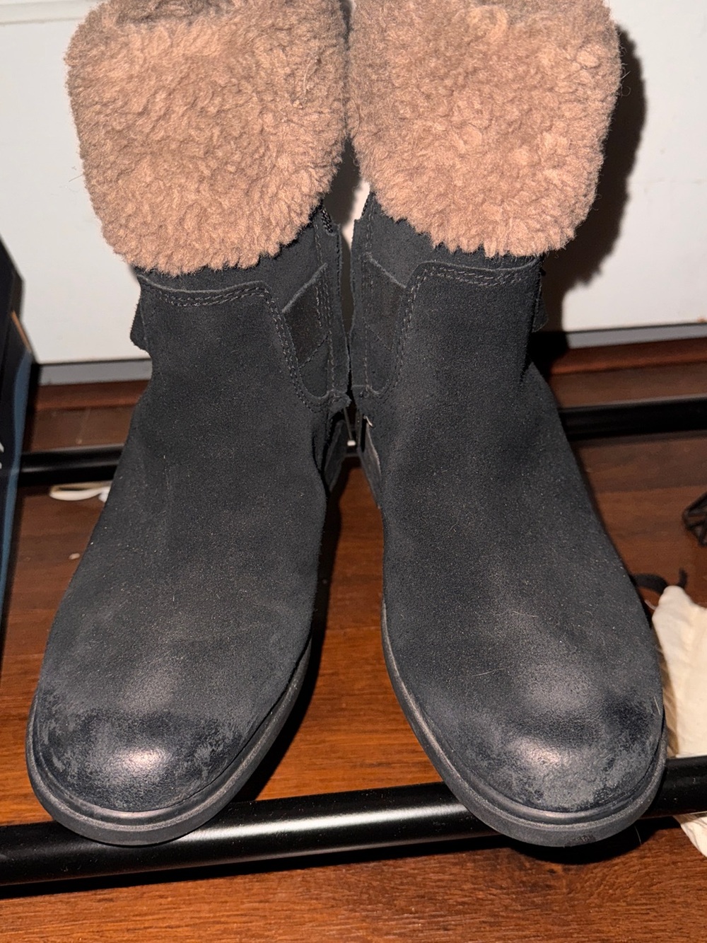 UGG Black Suede Ankle Boots with Brown Shearling Cuff